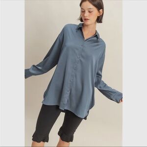 Double Zero Satin Button-Down Shirt in Slate Blue